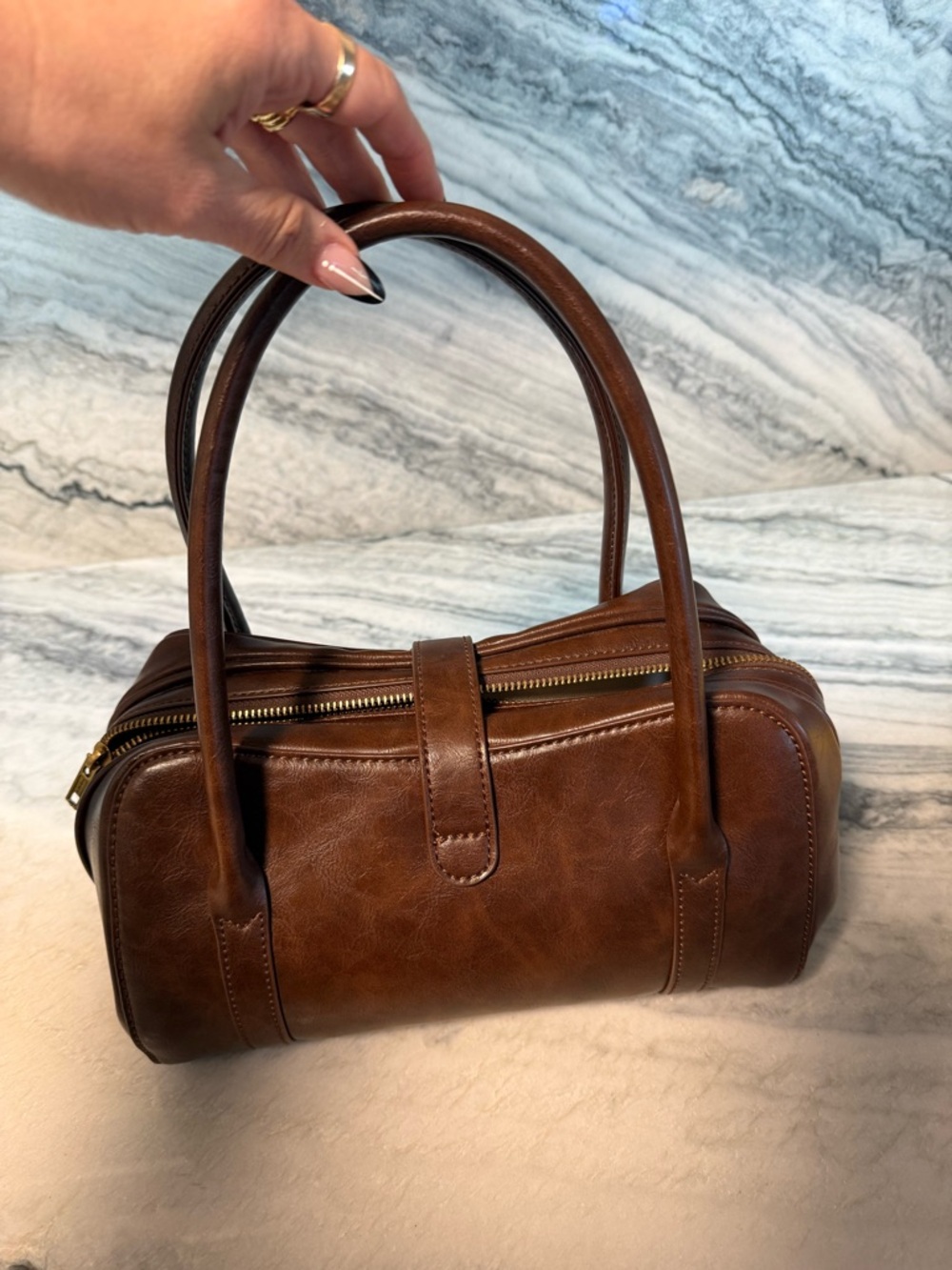 Brandy Melville Brown Leather Barrel Satchel with Gold Buckle - Picture 2 of 4